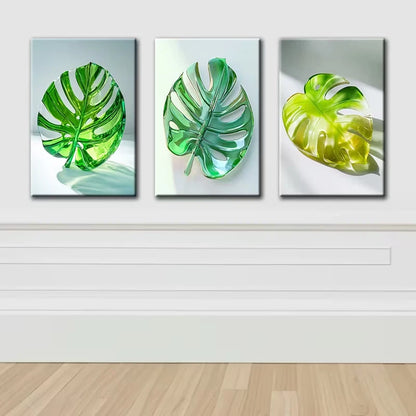 3pcs Clear Stained Glass Leaves Design Wall Art Set Canvas Framed 60x90cm - High Quality Print 100% Australian Made Wall Canvas Ready to Hang