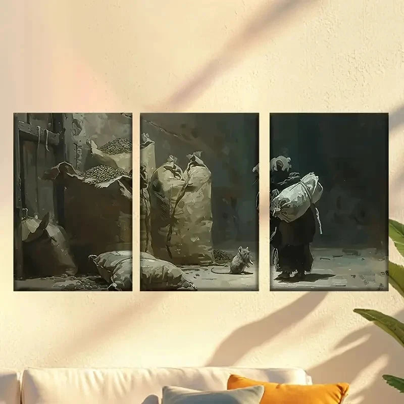 3pcs Rats in the Rice Barn, Detailed Realism 60x90cm - High Quality Print 100% Australian Made Wall Canvas Ready to Hang