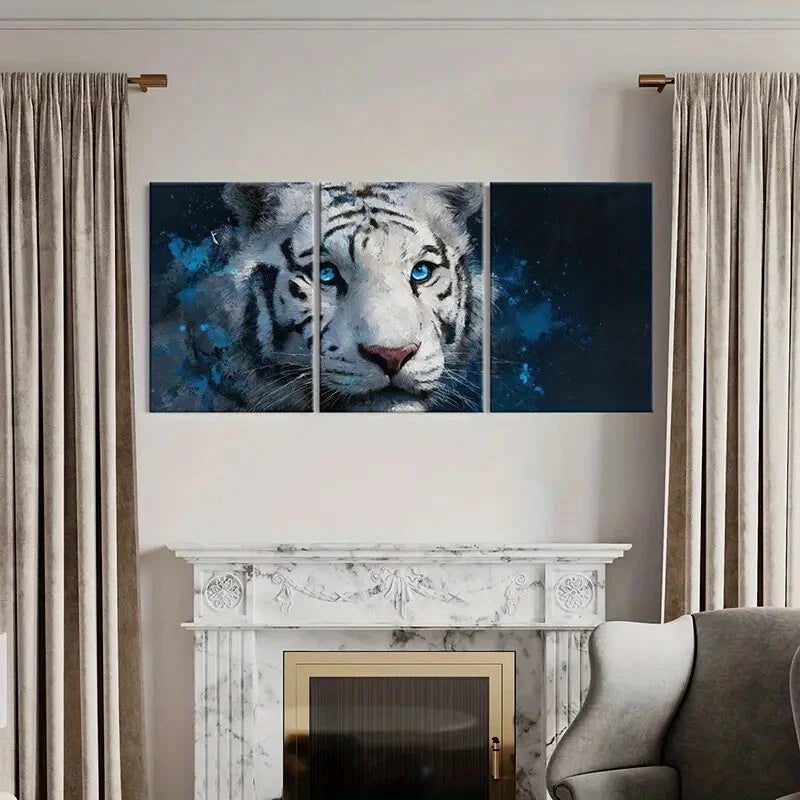3pcs White Tiger Art Blue Eyes Abstract Painting Metal Print Ready to Hang Art - Bella Home Decor