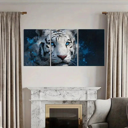 3pcs White Tiger Art Blue Eyes Abstract Painting Metal Print Ready to Hang Art - Bella Home Decor