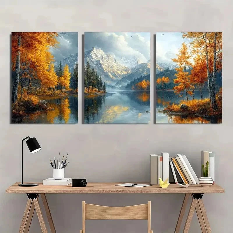3pcs Autumn Forest & Mountain Landscape Painting Metal Print Ready to Hang Art - Bella Home Decor