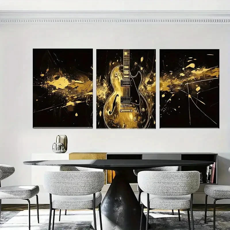3pcs Abstract Golden Guitar Black & Golden Music Metal Print Ready to Hang Art - Bella Home Decor