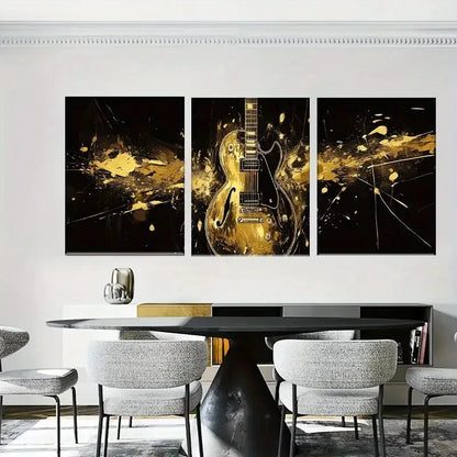 3pcs Abstract Golden Guitar Black & Golden Music Metal Print Ready to Hang Art - Bella Home Decor