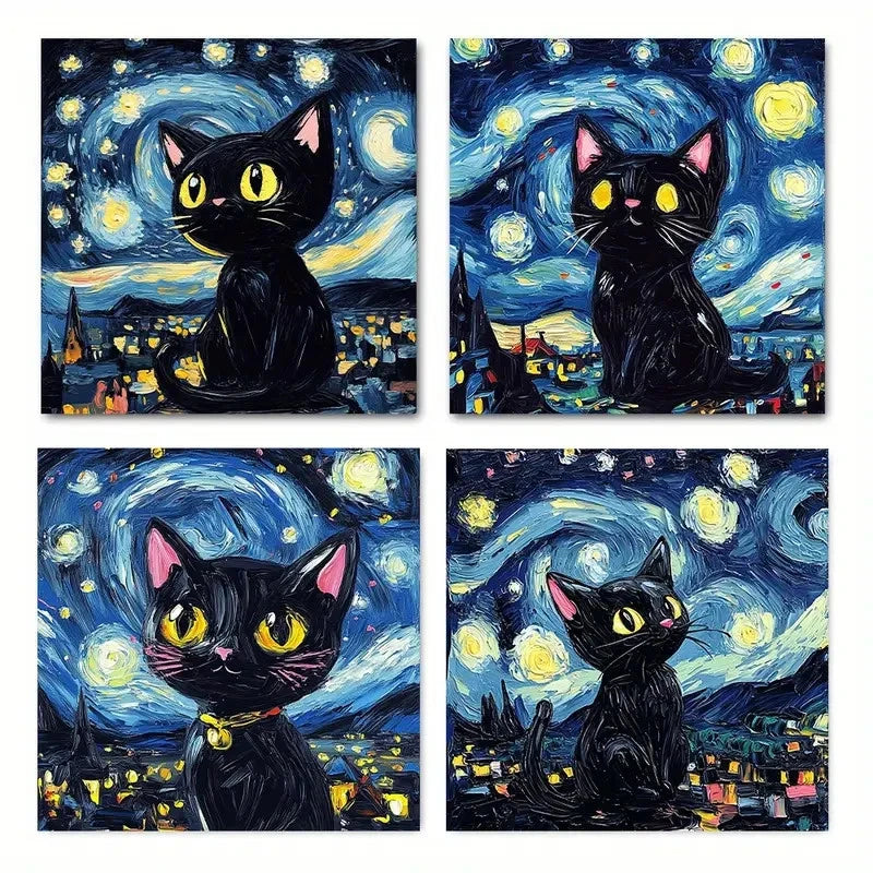 4pcsBlack Cat Starry Night ThemeWall Art Canvas Framed
