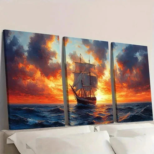 3pcs Sailboat Scenery Blue & Orange Wall Art Set Canvas Unframed - High Quality Print 100% Australian Made Wall Canvas