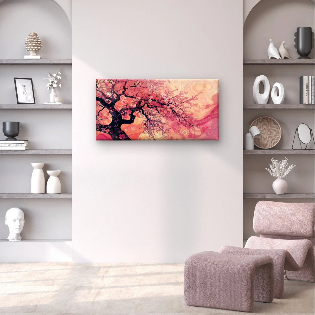 Pink Japanese Blossom Tree Art Wall Art Canvas Office Home Framed 120x60cm