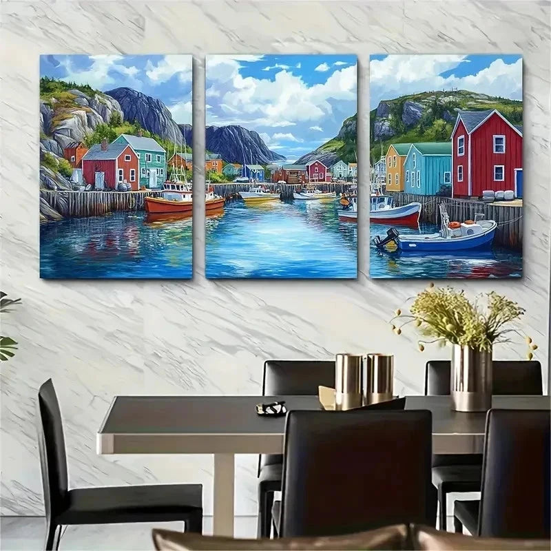 3pcs Trinity Harbor Newfoundland Fishing Perfect Wall Art Set Canvas Framed 60x90cm - High Quality Print 100% Australian Made Wall Canvas Ready to Hang