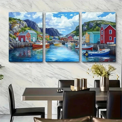 3pcs Trinity Harbor Newfoundland Fishing Perfect Wall Art Set Canvas Framed 60x90cm - High Quality Print 100% Australian Made Wall Canvas Ready to Hang