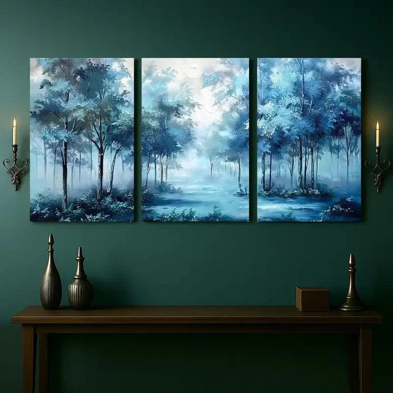 3pcs Blue Forest Landscape Painting Metal Print Ready to Hang Art - Bella Home Decor