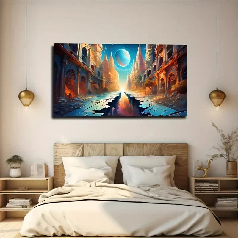 Fantasy City Planet Wall Art Canvas Office Home Room Framed 120x60cm
