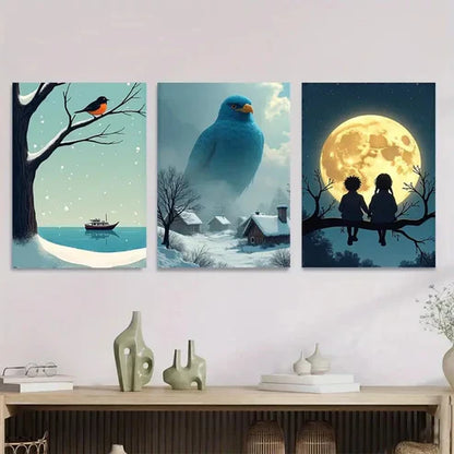 3pcs Winter Scene Blue Bird, And Moonlit Snow Wall Art Set Canvas Unframed - High Quality Print 100% Australian Made Wall Canvas