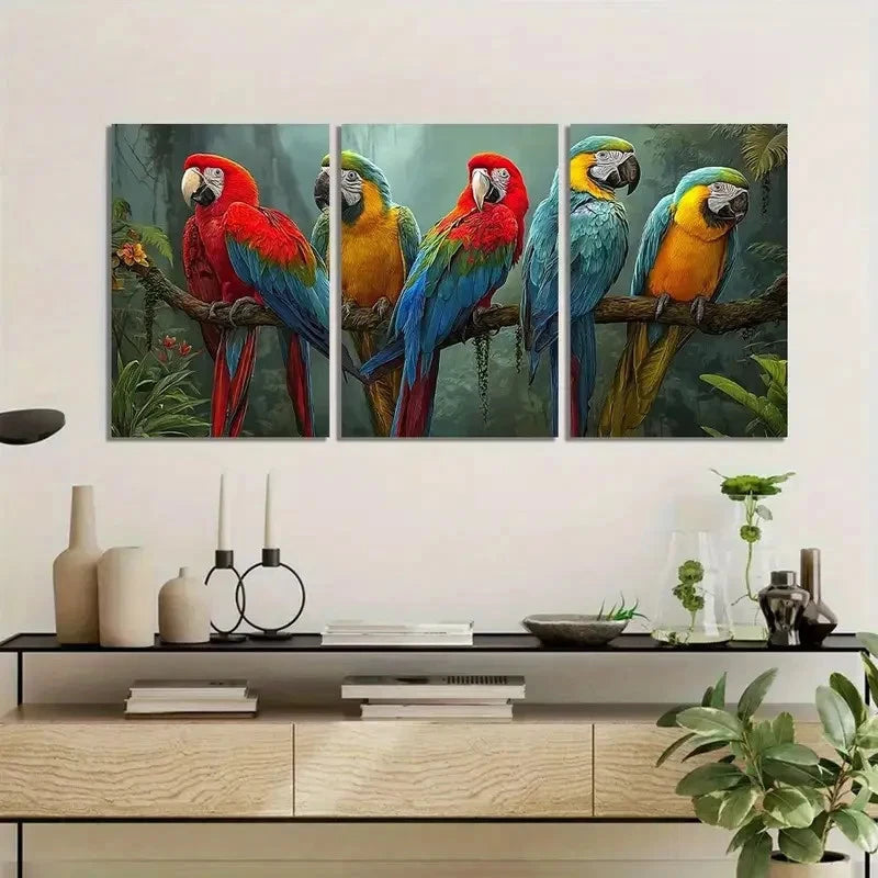 3pcs Colorful Parrots in Jungle Painting Metal Print Ready to Hang Art - Bella Home Decor