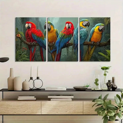 3pcs Colorful Parrots in Jungle Painting Metal Print Ready to Hang Art - Bella Home Decor