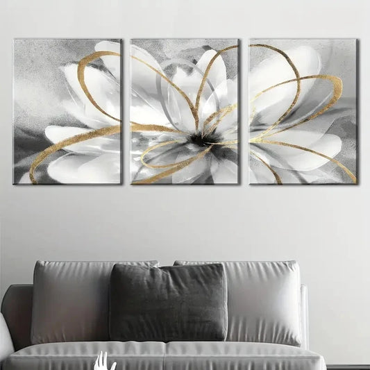 3pcs Golden Lines And White Flowers Wall Art Set Canvas Framed 40x60cm - High Quality Print 100% Australian Made Wall Canvas Ready to Hang