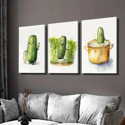 3pcs Cartoon Cucumber Watercolor Painting  Wall Art Set Canvas Unframed - High Quality Print 100% Australian Made Wall Canvas - Bella Home Decor