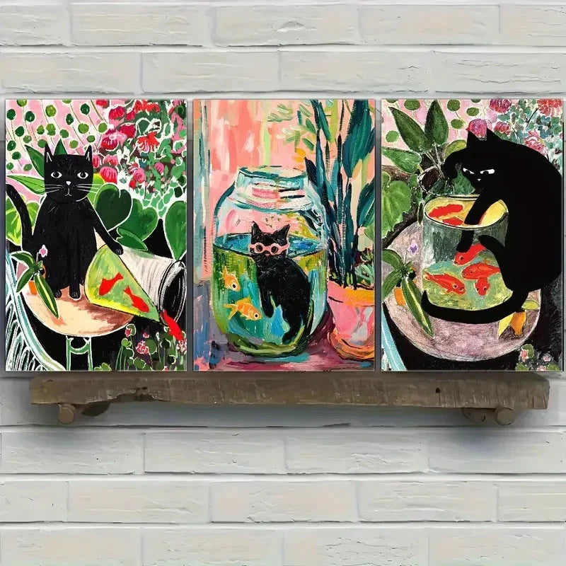 3pcs Cute Black Cat Goldfish and Floral Metal Print Ready to Hang Art - Bella Home Decor