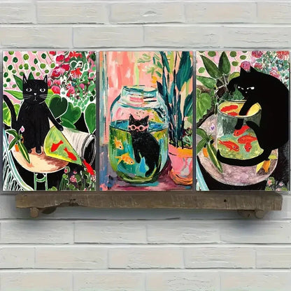 3pcs Cute Black Cat Goldfish and Floral Metal Print Ready to Hang Art - Bella Home Decor