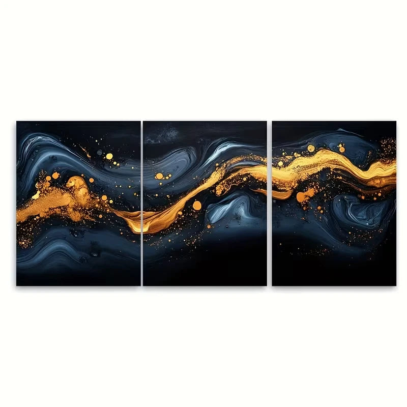 3pcs Elegant Abstract Dark Ink with Golden Accents Metal Print Ready to Hang Art - Bella Home Decor
