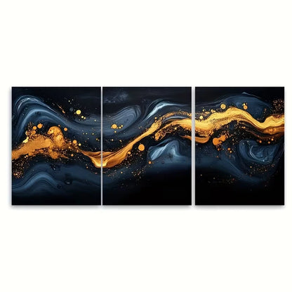 3pcs Elegant Abstract Dark Ink with Golden Accents Metal Print Ready to Hang Art - Bella Home Decor