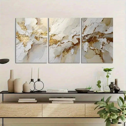 3pcs White & Golden Textured Flowing Abstract Metal Print Ready to Hang Art - Bella Home Decor