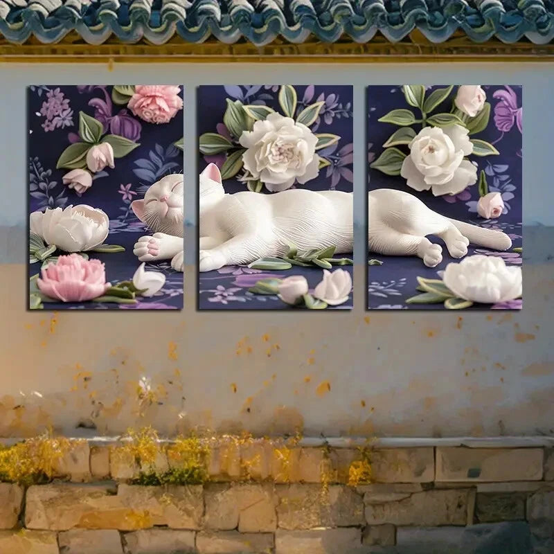 3pcs Vibrant Cat with Florals Design Metal Print Ready to Hang Art - Bella Home Decor