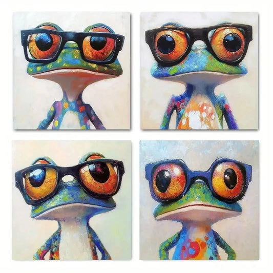 4pcs Adorable Frog Fashionable Glasses Design Wall Art Canvas Framed