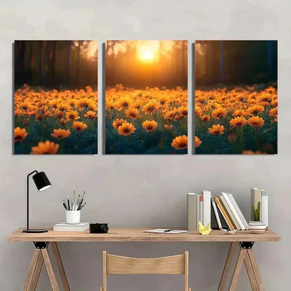 3pcs Orange Daisy Meadow Warm Sunlight Wall Art Canvas Unframed - High Quality Print 100% Australian Made Wall Canvas