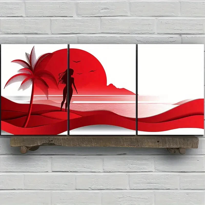 3pcs Red Coconut Trees And Women on The Beach Metal Print Ready to Hang Art - Bella Home Decor