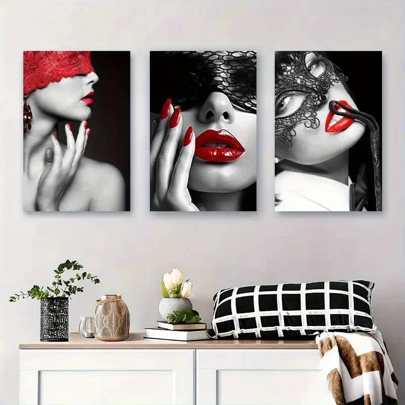 3pcs Red Lips with Lace Mask Abstract Perfect Wall Art Set Canvas Framed 40x60cm - High Quality Print 100% Australian Made Wall Canvas Ready to Hang - Bella Home Decor