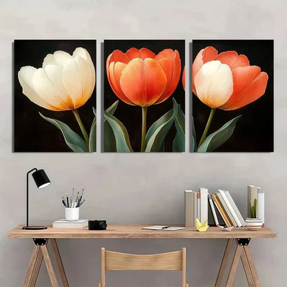 3pcs Vintage Tulips Earth Tones Flowery Wall Art Set Canvas Unframed - High Quality Print 100% Australian Made Wall Canvas