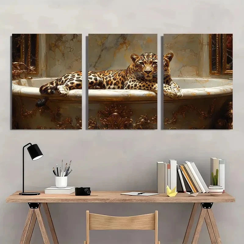 3pcs Leopard Lounging on The Edge of an Ornate Wall Art Set Canvas Framed 60x90cm - High Quality Print 100% Australian Made Wall Canvas Ready to Hang