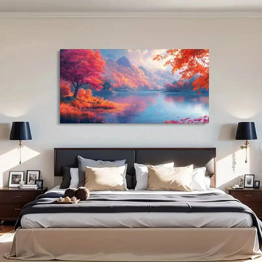 Autumn Lake Reflection Red Wall Art Canvas Office Home Room Framed 120x60cm
