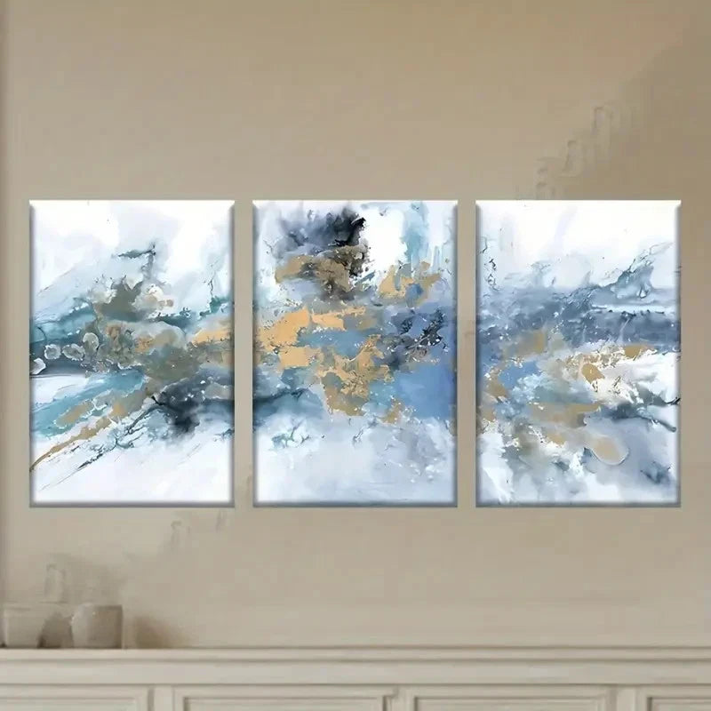 3pcs Blue & Golden Swirls, Modern Wall Art Set Canvas Framed 60x90cm - High Quality Print 100% Australian Made Wall Canvas Ready to Hang - Bella Home Decor