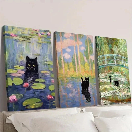 3pcs Black Cat Inspired by Monet Wall Art Set Canvas Framed 50x70cm - High Quality Print 100% Australian Made Wall Canvas Ready to Hang