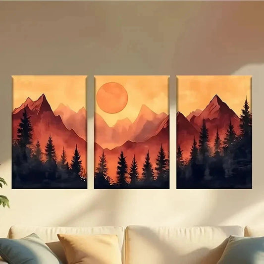 3pcs Sunset Over Mountains And Trees Wall Art Set Canvas Framed 60x90cm - High Quality Print 100% Australian Made Wall Canvas Ready to Hang