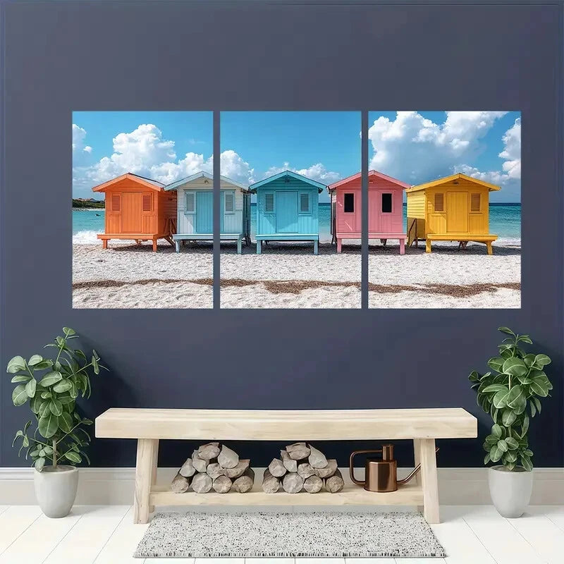 3pcs Summer Seaside Art Coastal Beach Huts Metal Print Ready to Hang Art - Bella Home Decor