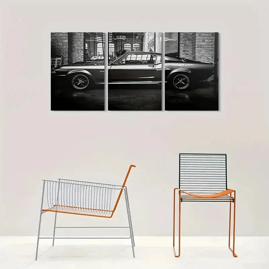 3pcs Black & White Vintage Muscle Car Metal Print Ready to Hang Art