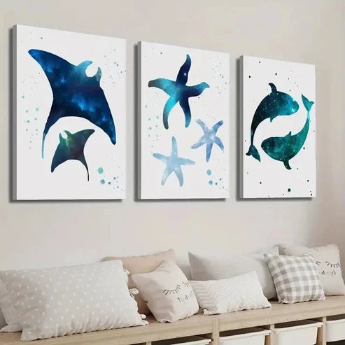 3pcs Manta Ray Nebula Starfish Whale Starry Sky Wall Art Set Canvas Unframed - High Quality Print 100% Australian Made Wall Canvas