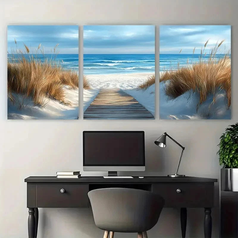 3pcs Wooden Walkway White Sandy Beach Seascape Metal Print Ready to Hang Art - Bella Home Decor