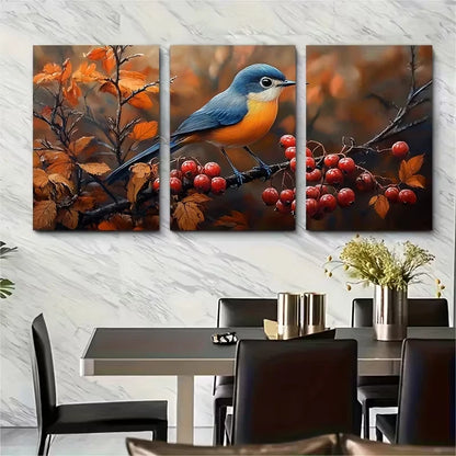 3pcs Elegant Bird and Berries Metal Print Ready to Hang Art