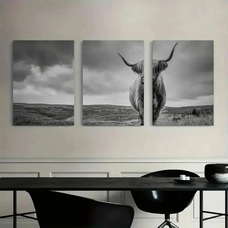3pcs Black and White Highland Cow Standing Metal Print Ready to Hang Art - Bella Home Decor