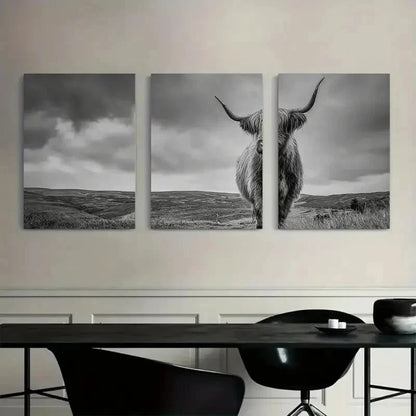 3pcs Black and White Highland Cow Standing Metal Print Ready to Hang Art - Bella Home Decor