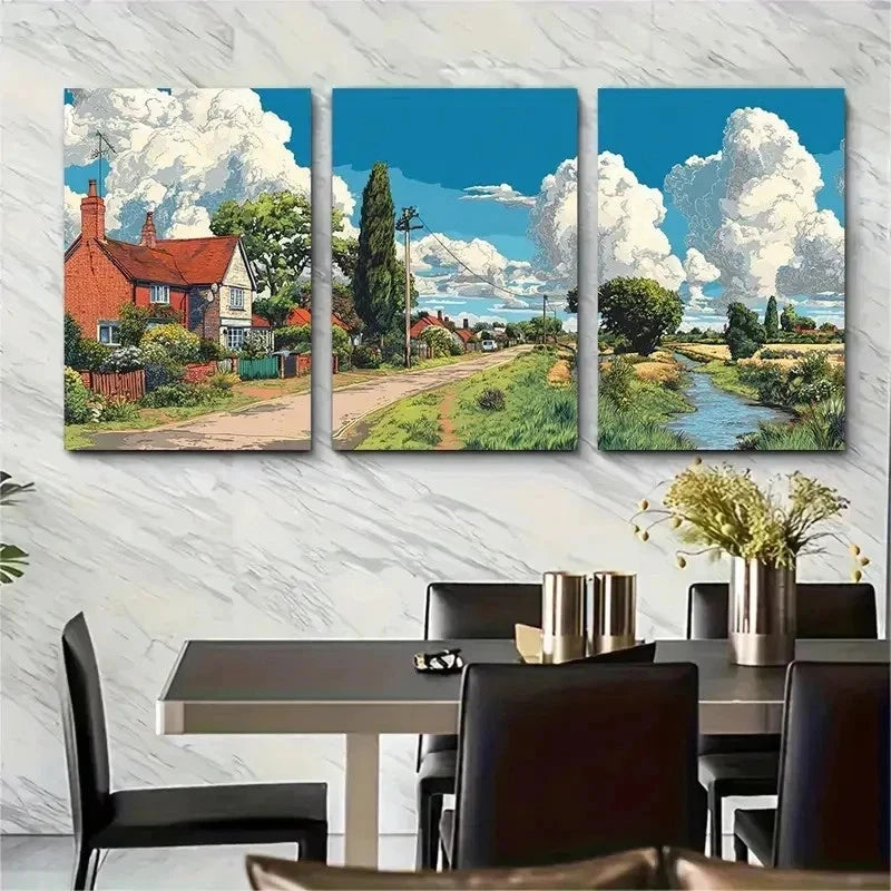 3pcs Illustrated Countryside & Landscape Perfect Wall Art Set Canvas Framed 50x70cm - High Quality Print 100% Australian Made Wall Canvas Ready to Hang