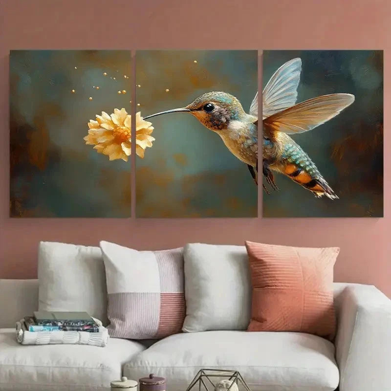 3pcs Hummingbird with Yellow Floral Scene Metal Print Ready to Hang Art - Bella Home Decor