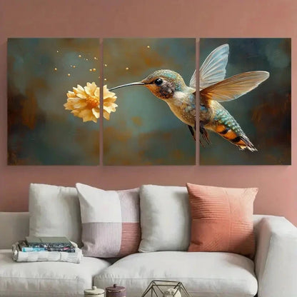 3pcs Hummingbird with Yellow Floral Scene Metal Print Ready to Hang Art - Bella Home Decor