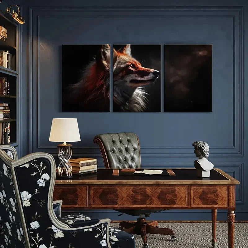 3pcs Animal Art Fox Dark Background Metal Print Ready to Hang Art - Bella Home Decor