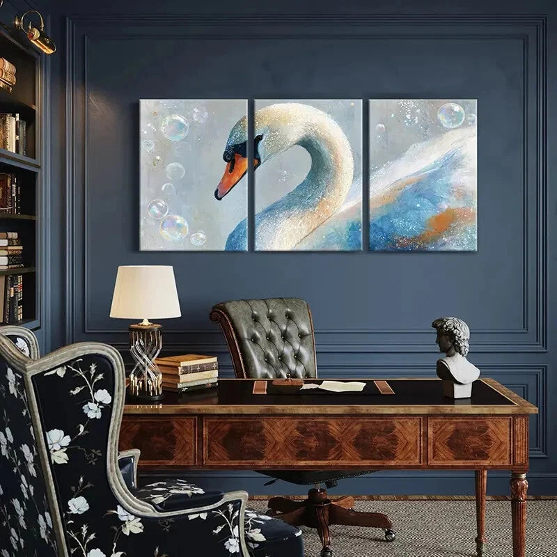 3pcs Elegant Swan Art Abstract Bubbles Design Metal Print Ready to Hang Art - Bella Home Decor