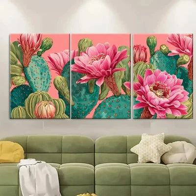 3pcs Boho Cactus Pink Flower Desert Scene Wall Art Set Canvas Framed 50x70cm - High Quality Print 100% Australian Made Wall Canvas Ready to Hang - Bella Home Decor