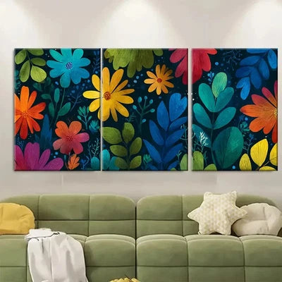 3pcs Vibrant Floral Retro Poster Design Wall Art Set Canvas Framed 50x70cm - High Quality Print 100% Australian Made Wall Canvas Ready to Hang