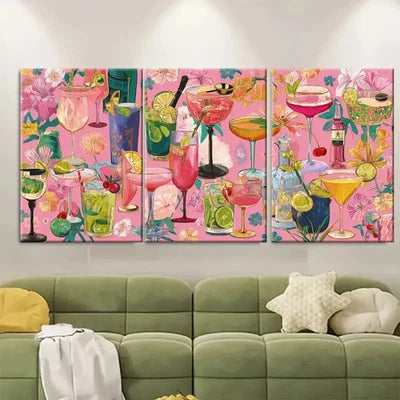 3pcs Retro Cocktail Bar Cart Pink Drink Wall Art Set Canvas Framed 50x70cm - High Quality Print 100% Australian Made Wall Canvas Ready to Hang